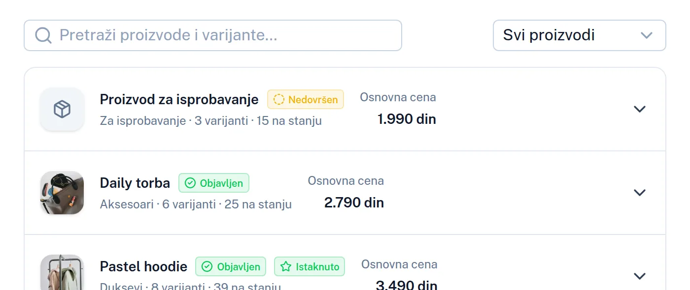 Katalog u panelu: proizvodi sa brojem varijanti, stanjem na lageru i cenom