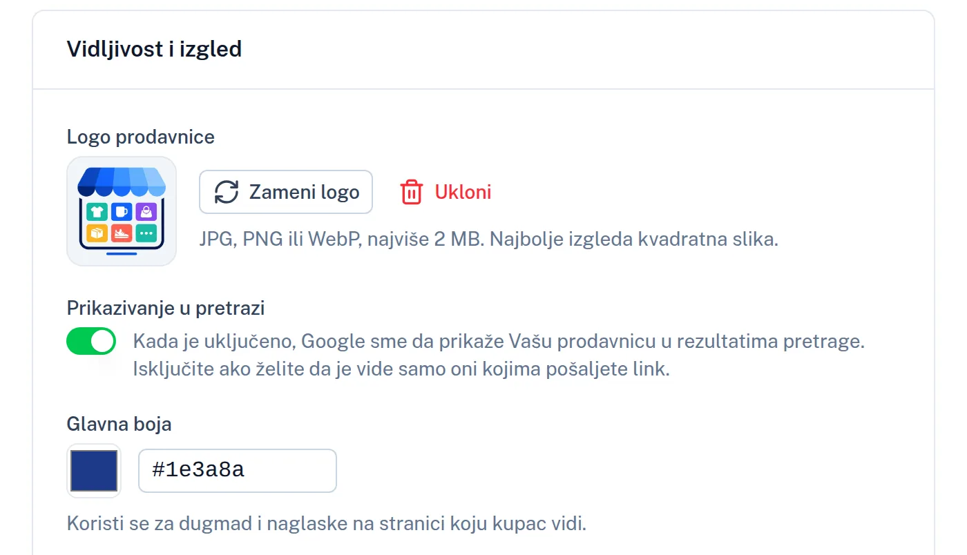 Podešavanja prodavnice: logo, prikazivanje u pretrazi i glavna boja