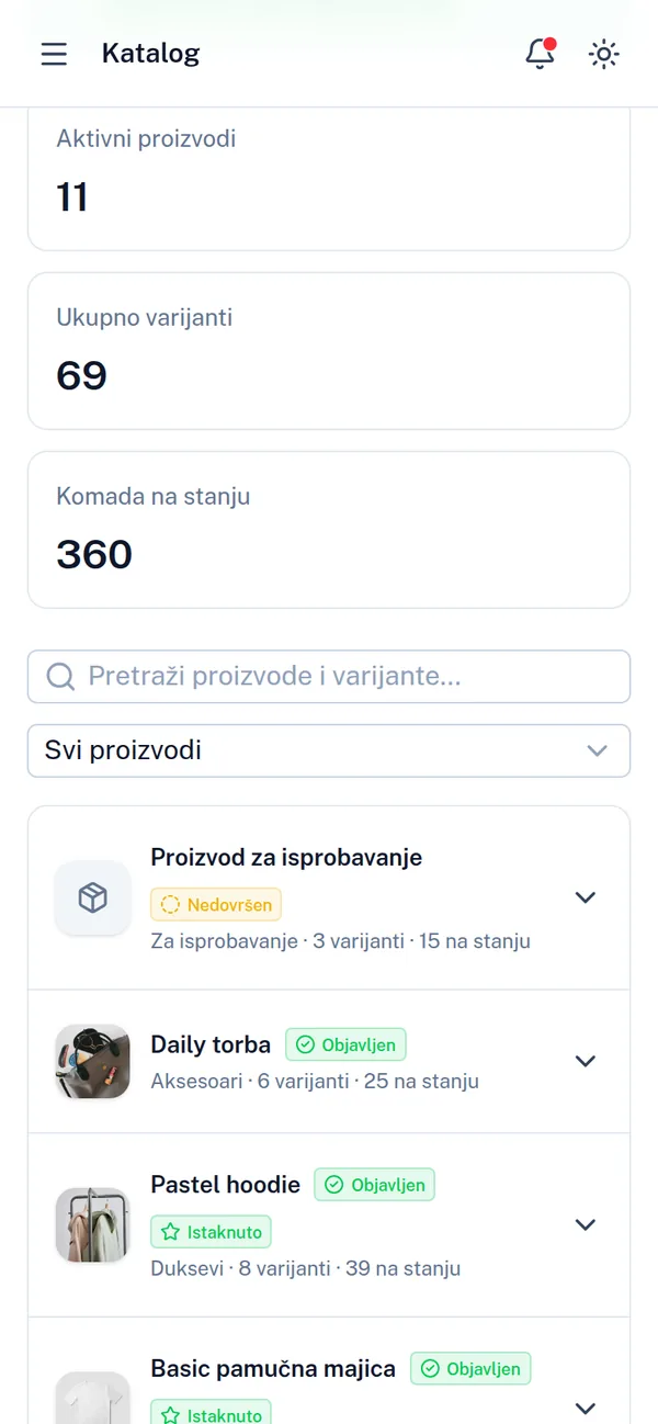 Katalog u panelu na telefonu: proizvodi, varijante i stanje