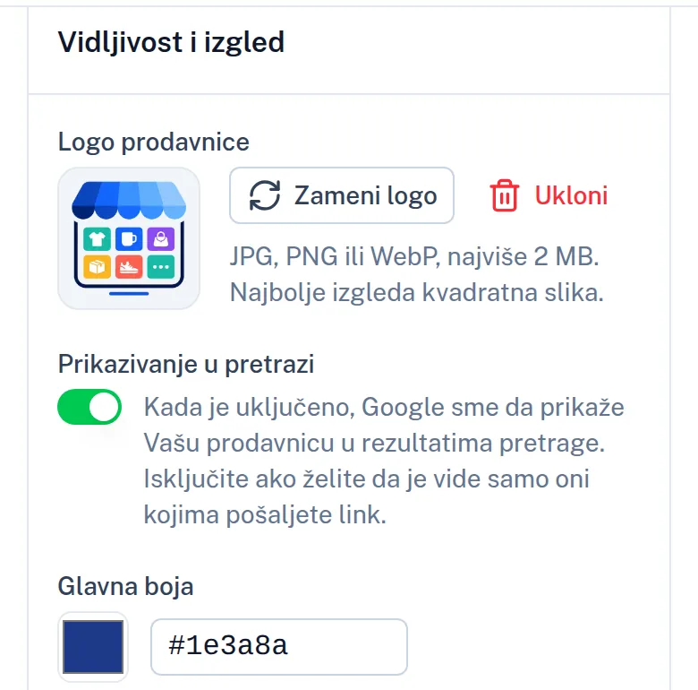 Podešavanja prodavnice na telefonu: logo, prikazivanje u pretrazi i glavna boja