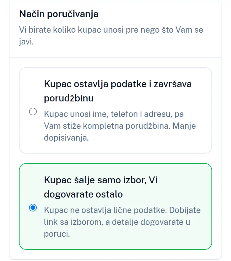 Podešavanje načina poručivanja na telefonu: kupac ostavlja podatke, ili šalje samo izbor