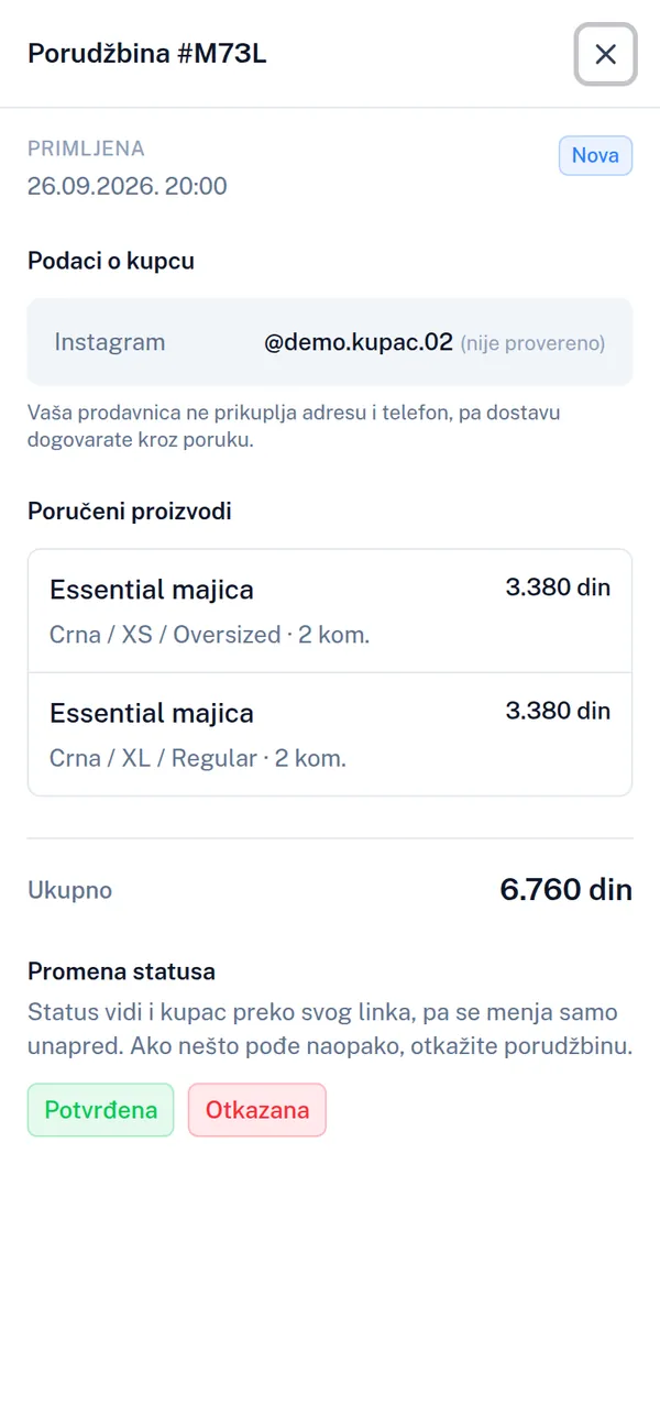 Porudžbina u panelu na telefonu, sa Instagramom kupca i poručenim proizvodima