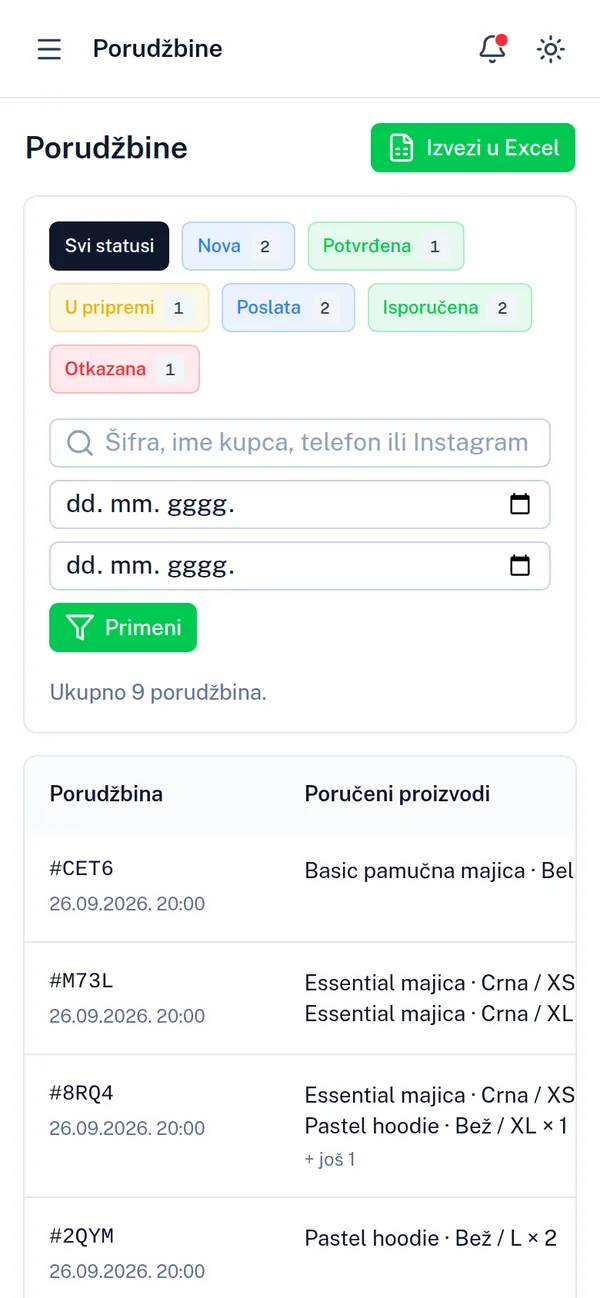 Porudžbine u panelu za prodavce na telefonu
