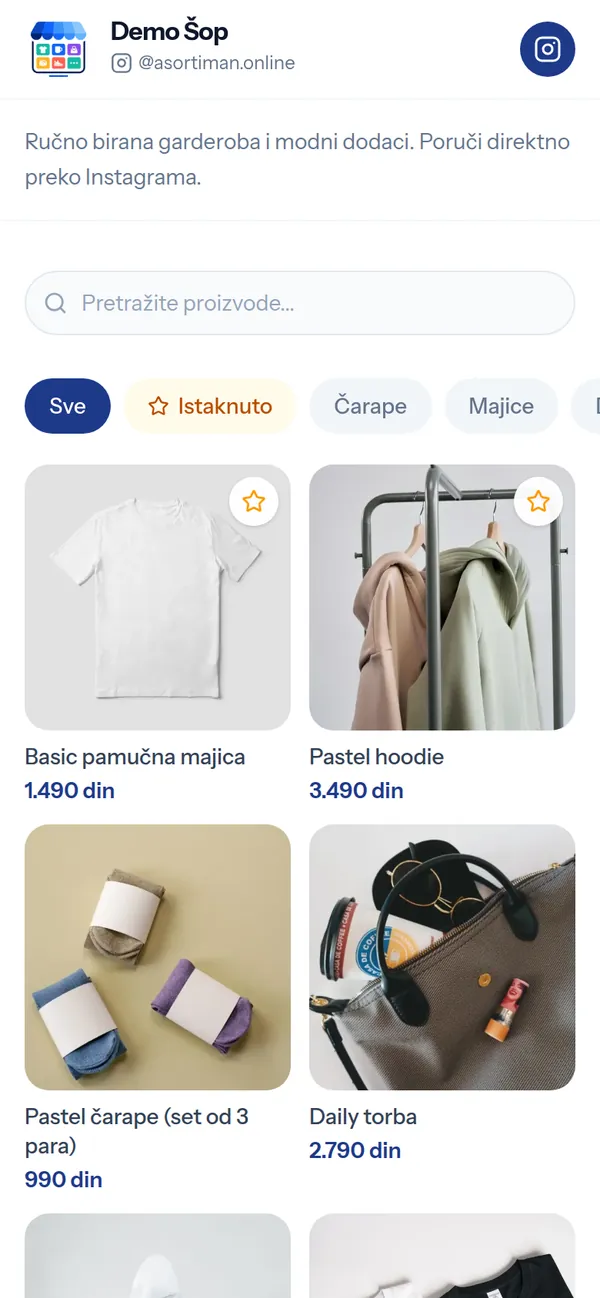 Katalog demo prodavnice na telefonu